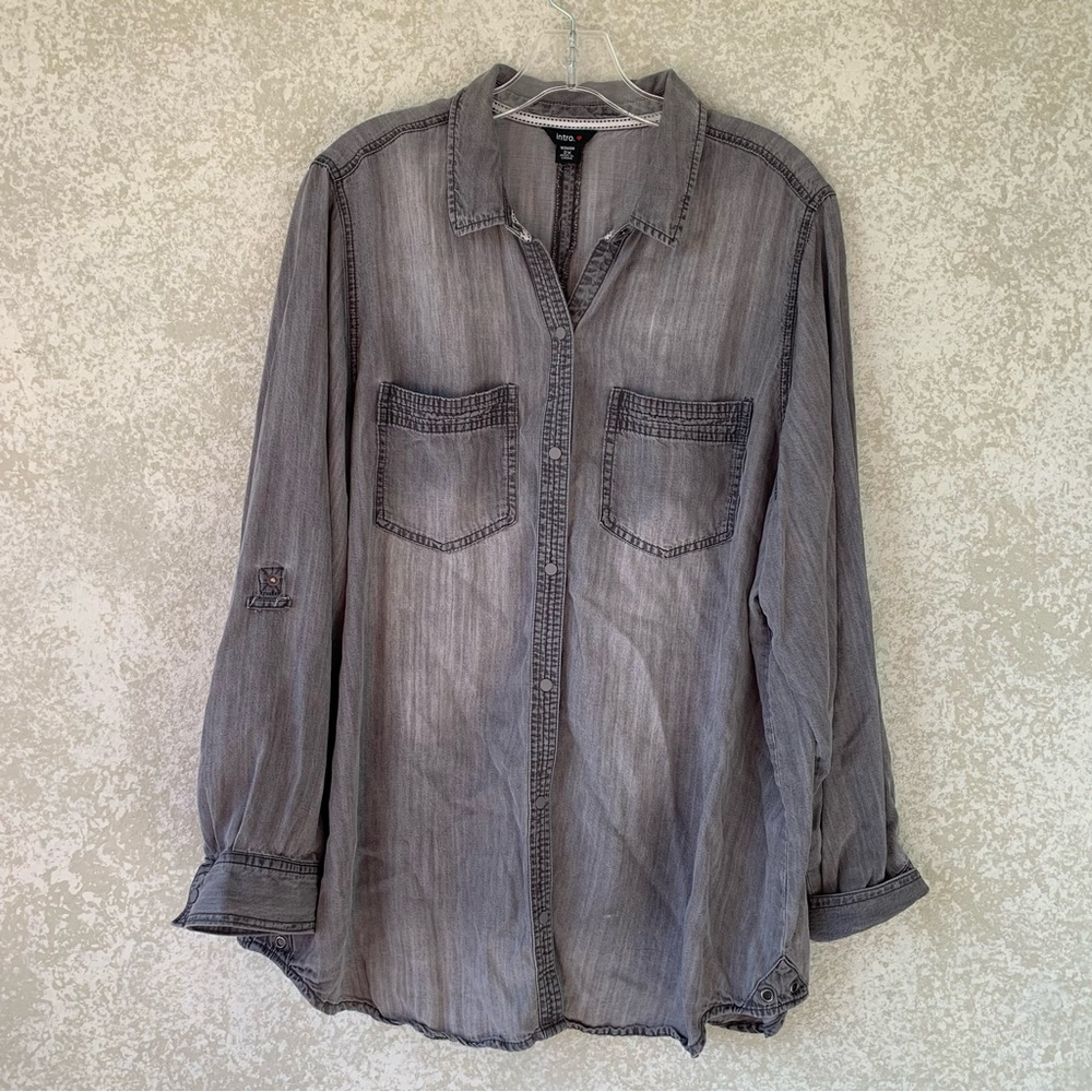 intro. Washed Gray Long-Sleeve Button-Down Shirt 2X Preppy Goth Grunge Lyocell‎